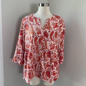 Cynthia Rowley Womens Plus 1X Linen Blend Paisley Button Front Tunic Top Shirt